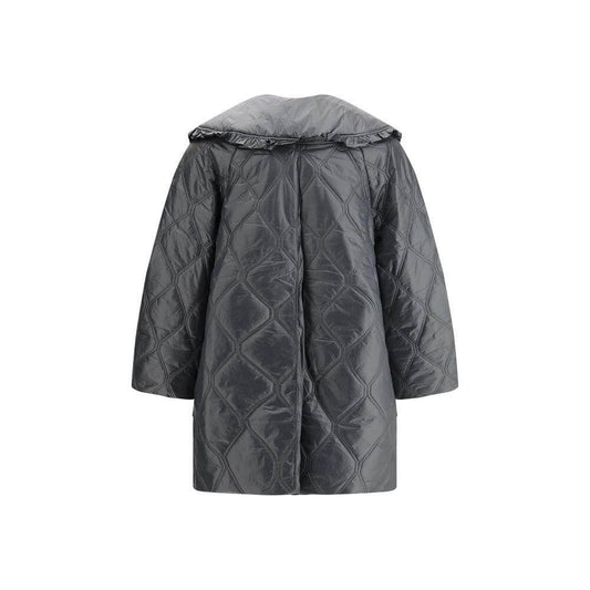 Ganni oversized quilted jacket with wide collar and zipper, featuring two patch pockets and raglan sleeves, elegant grey design.