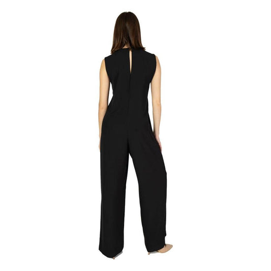 Back view of Sandro Ferrone women's elegant black jumpsuit, spring/summer collection, made of polyester and elastene.