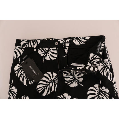 Dolce & Gabbana White Black Leaf Cotton Stretch Slim Pants