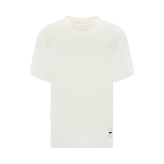 Jil Sander cotton T-shirt with ribbed crew neck and embroidered monogram patch, minimalist and sophisticated design.