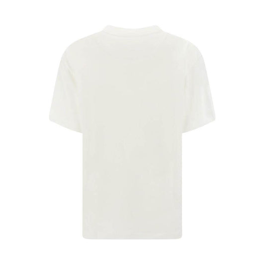 Back view of Jil Sander minimalist white cotton T-shirt with ribbed crew neck, featuring the brand's iconic monogram patch.