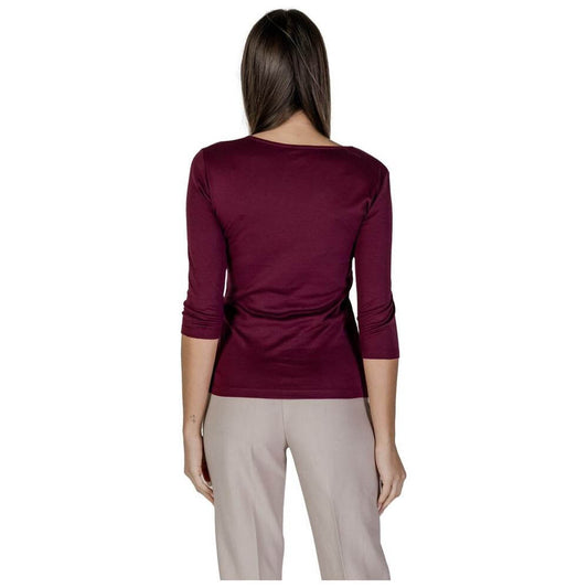 Back view of women’s short-sleeved Street One purple cotton top, ideal for spring/summer. Features 50% cotton, 50% modal blend.