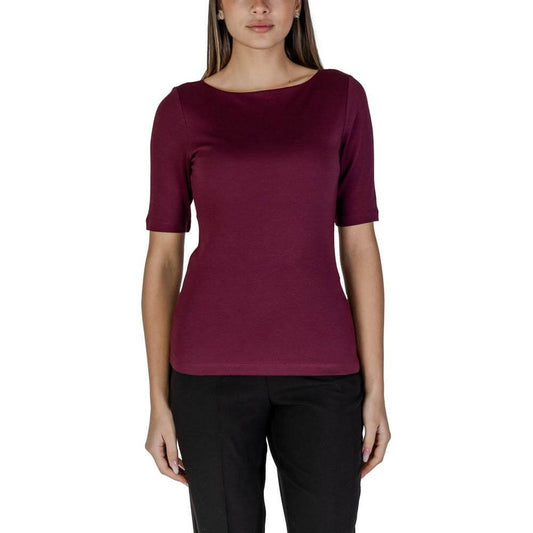 Woman wearing Street One purple short-sleeved cotton modal t-shirt, ideal for spring/summer collection.