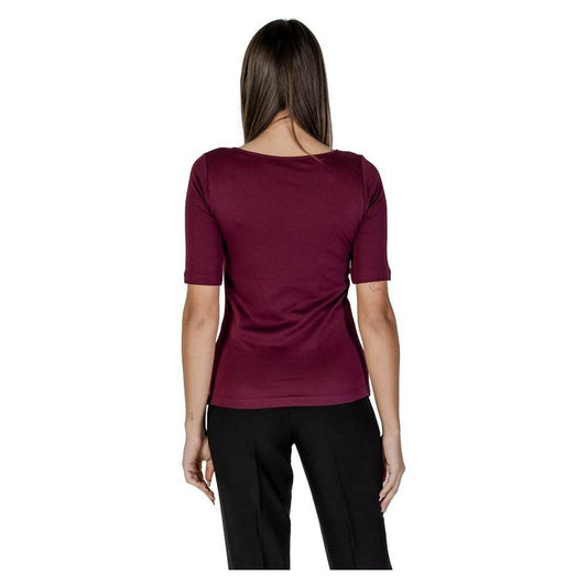 Back view of a woman wearing a Street One purple short-sleeved cotton modal t-shirt from the Spring/Summer collection.