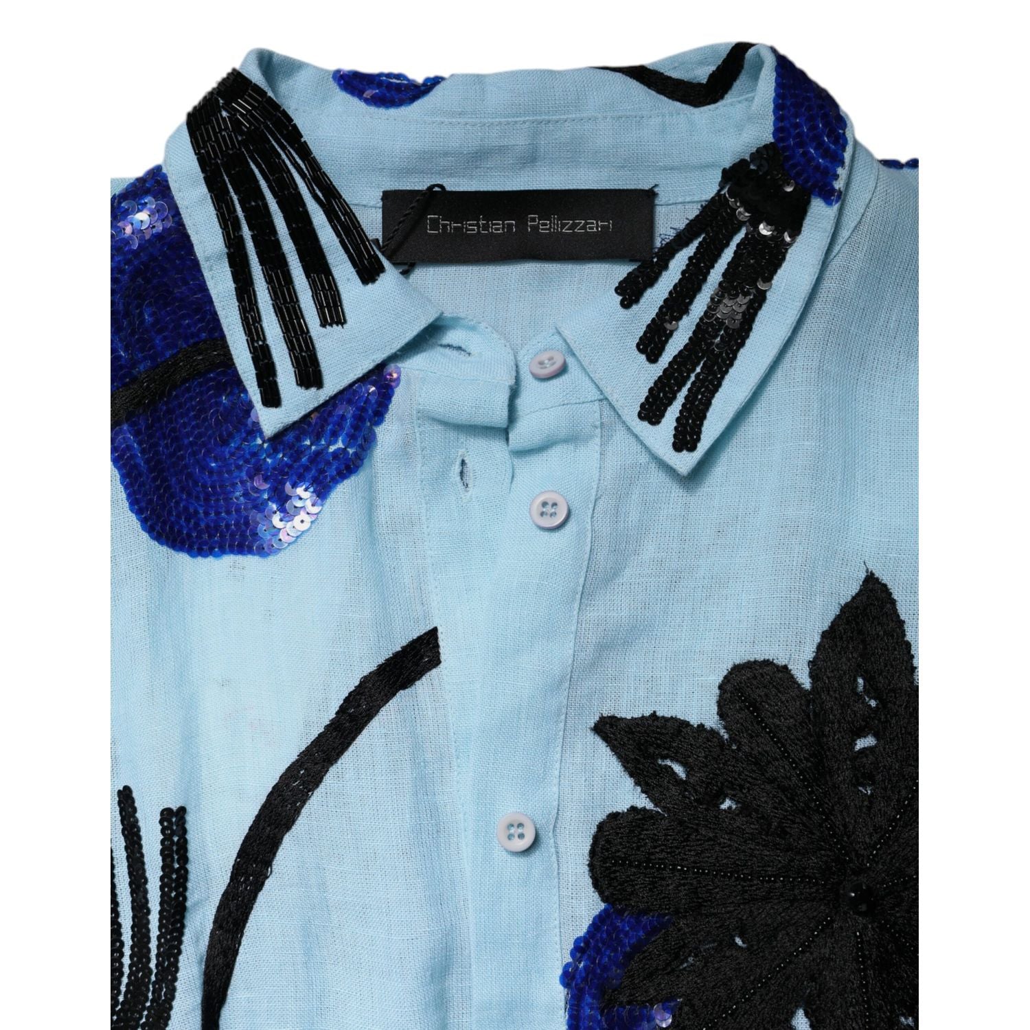 Christian Pellizzari Light Blue Floral Embellished Shirt Maxi Dress