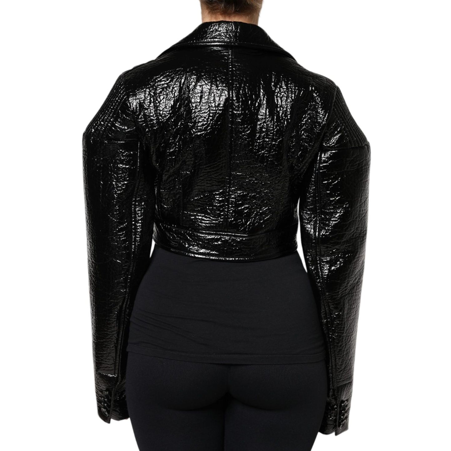 Dolce & Gabbana Black Leather Cropped Long Sleeve Coat Jacket