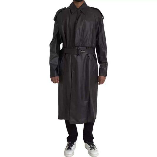 Bottega Veneta Black Leather Men Waterproof Trenchcoat Jacket