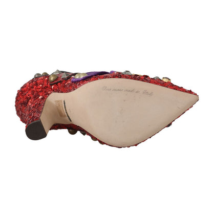 Dolce & Gabbana Red Sequined Crystal Studs Heels Shoes