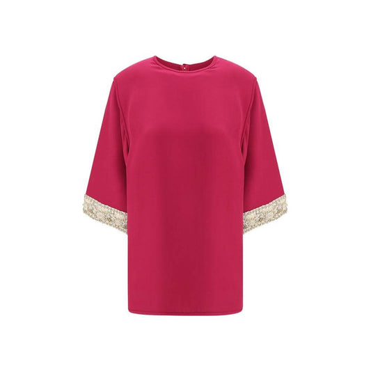 Valentino's Jewel Top with pearl and bead embroidery on flared sleeves, crew neck, and back zipper closure for a chic, elegant look.