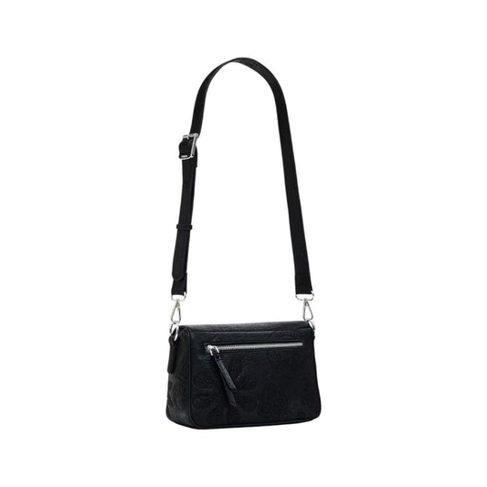 Desigual black handbag with adjustable strap, made from 100% polyurethane, ideal for women's spring/summer collection.