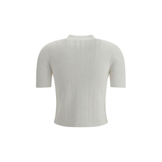 Balmain short-sleeved cardigan with ribbed crew neck, embossed button closure, and buttoned welt pockets in monochrome pattern.