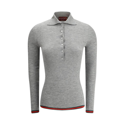 Gucci Cashmere Polo Sweater with classic collar, ribbed design, and iconic colored hem and cuffs.