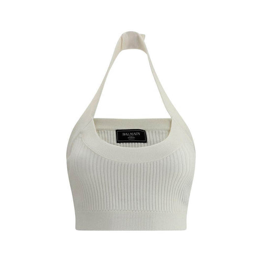 Balmain Cropped Top with American neckline, ribbed texture, and embossed button, featuring iconic monogram patch for elegance and style.