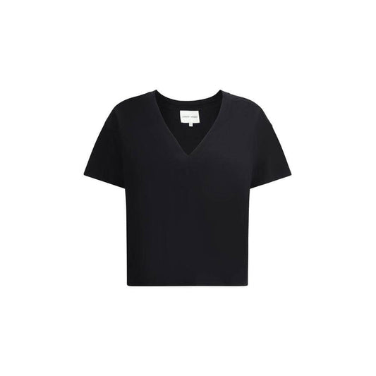 Loulou De Saison black Telanto T-shirt with iconic stitched logo, minimalist design, ribbed crew neck, and comfortable cotton fabric.