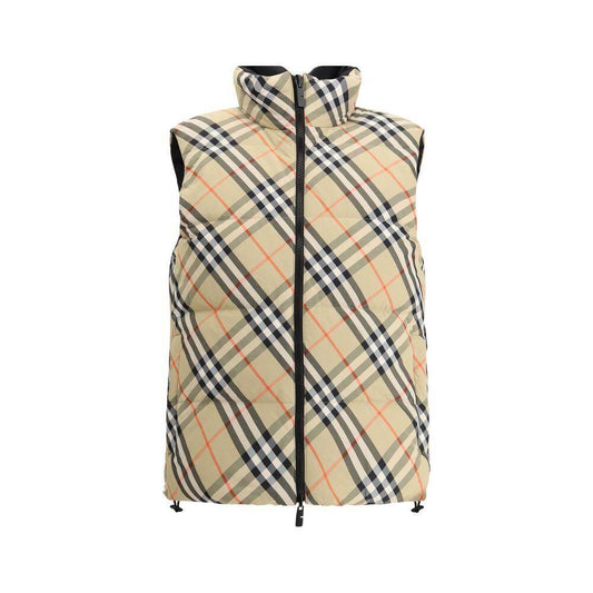 Burberry Reversible Down Vest with high collar and plaid design, featuring a double-slider front zipper and adjustable drawstring hem.