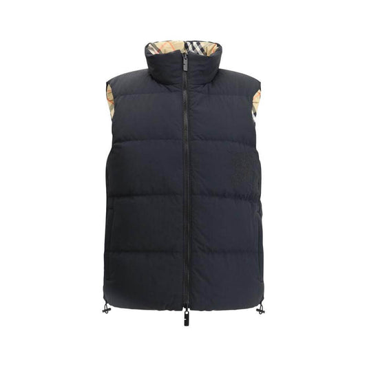 Burberry Reversible Down Vest with high collar and zipper closure, featuring adjustable drawstring hem and side pockets for versatile wear.