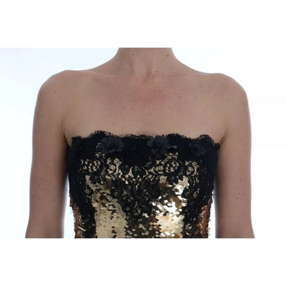 Dolce & Gabbana Gold Strapless Sequin Embellished Lace Dress