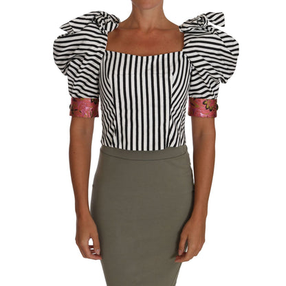Dolce & Gabbana White Black Striped Cropped Top Puff Sleeve Shirts