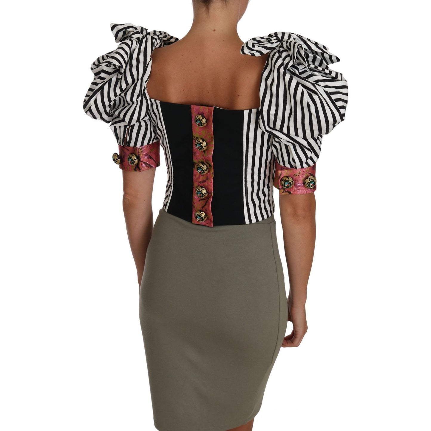 Dolce & Gabbana White Black Striped Cropped Top Puff Sleeve Shirts