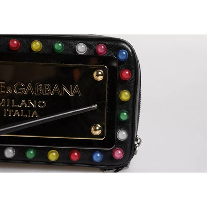 Dolce & Gabbana Black Leather LED Logo Wrist Strap Clutch Bag