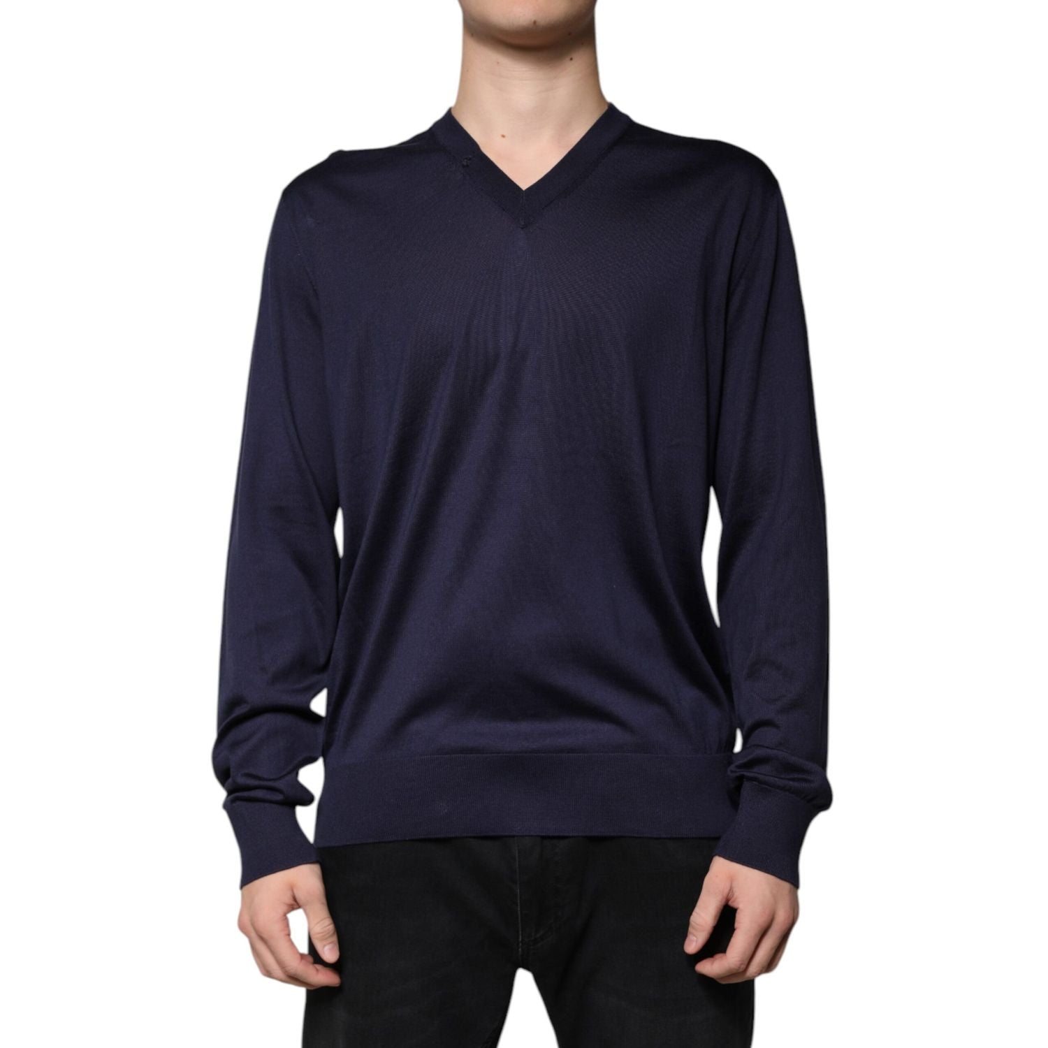 Dolce & Gabbana Navy Blue Silk V-neck Pullover Sweater
