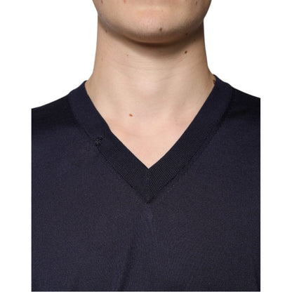 Dolce & Gabbana Navy Blue Silk V-neck Pullover Sweater