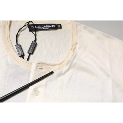Dolce & Gabbana Off White Silk Crew Neck Henley T-shirt