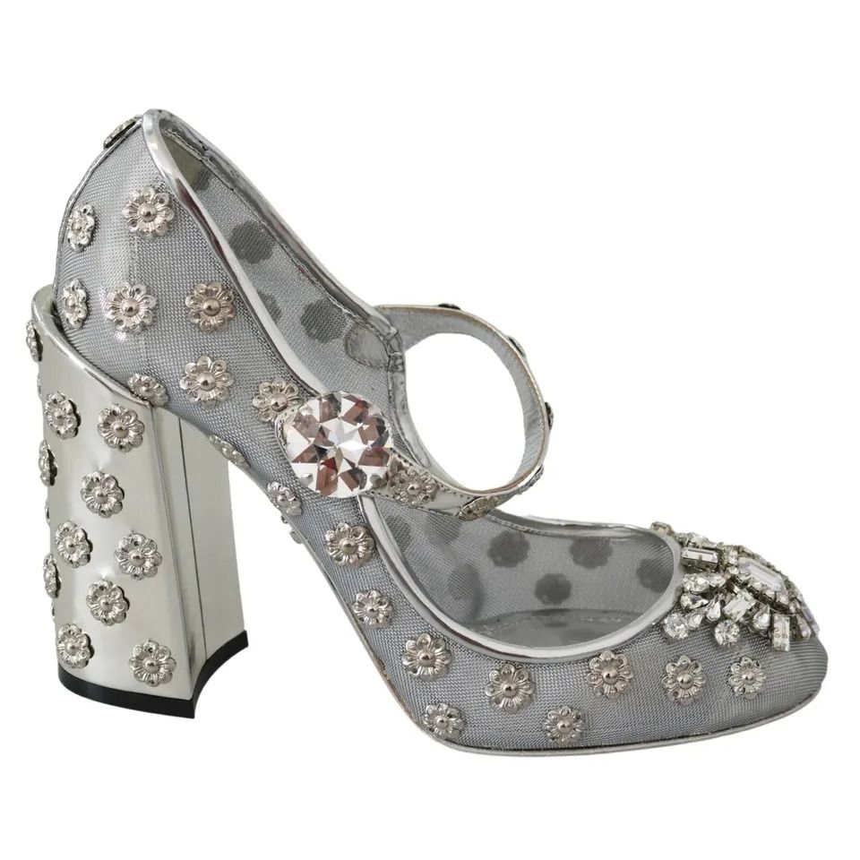 Dolce & Gabbana Silver Crystal Studs Heels Mary Janes Pumps Shoes