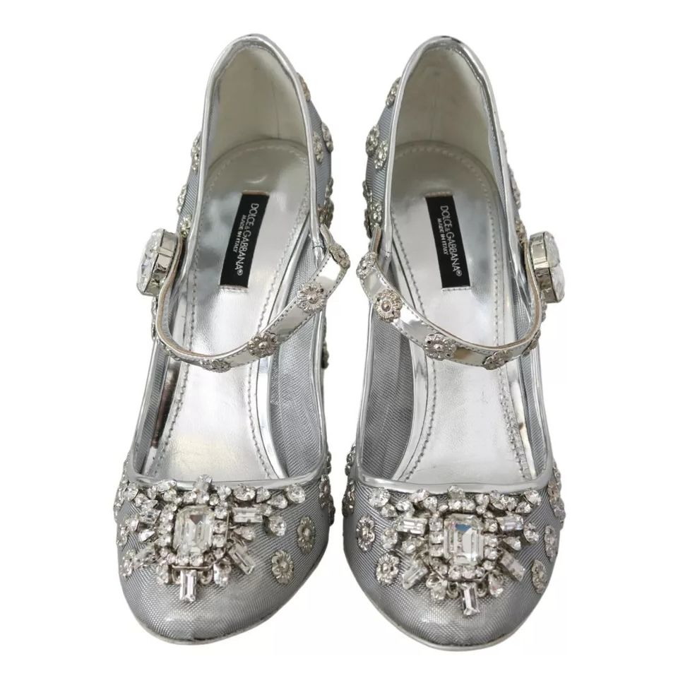 Dolce & Gabbana Silver Crystal Studs Heels Mary Janes Pumps Shoes