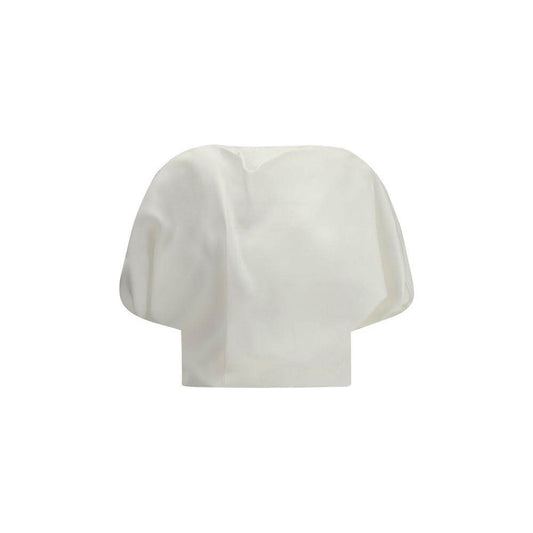 Khaite Niles Silk Top with boat neckline, short sleeves, pleat detail, keyhole back button, monochrome pattern.