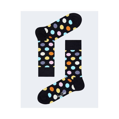 Happy Socks Black Cotton Socks with colorful polka dots, men's long socks for style and comfort in any occasion.