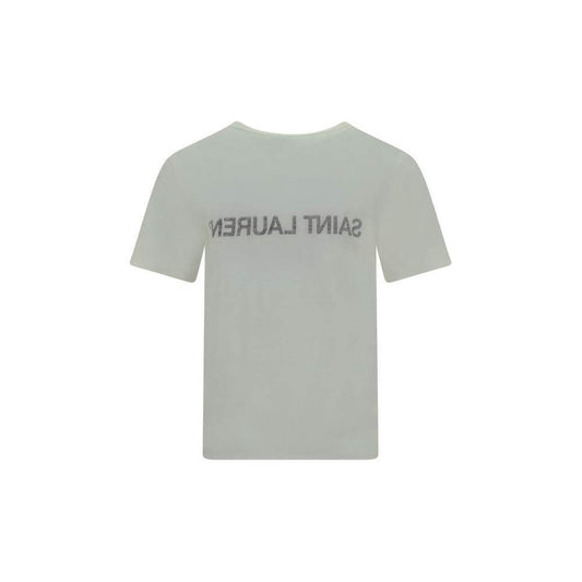 Back view of Saint Laurent Cotton T-Shirt featuring ribbed crew neck and iconic brand monogram in monochrome, regular fit design.