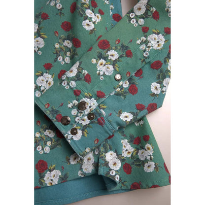 Dolce & Gabbana Blue Floral Cotton Button Down Denim Shirt