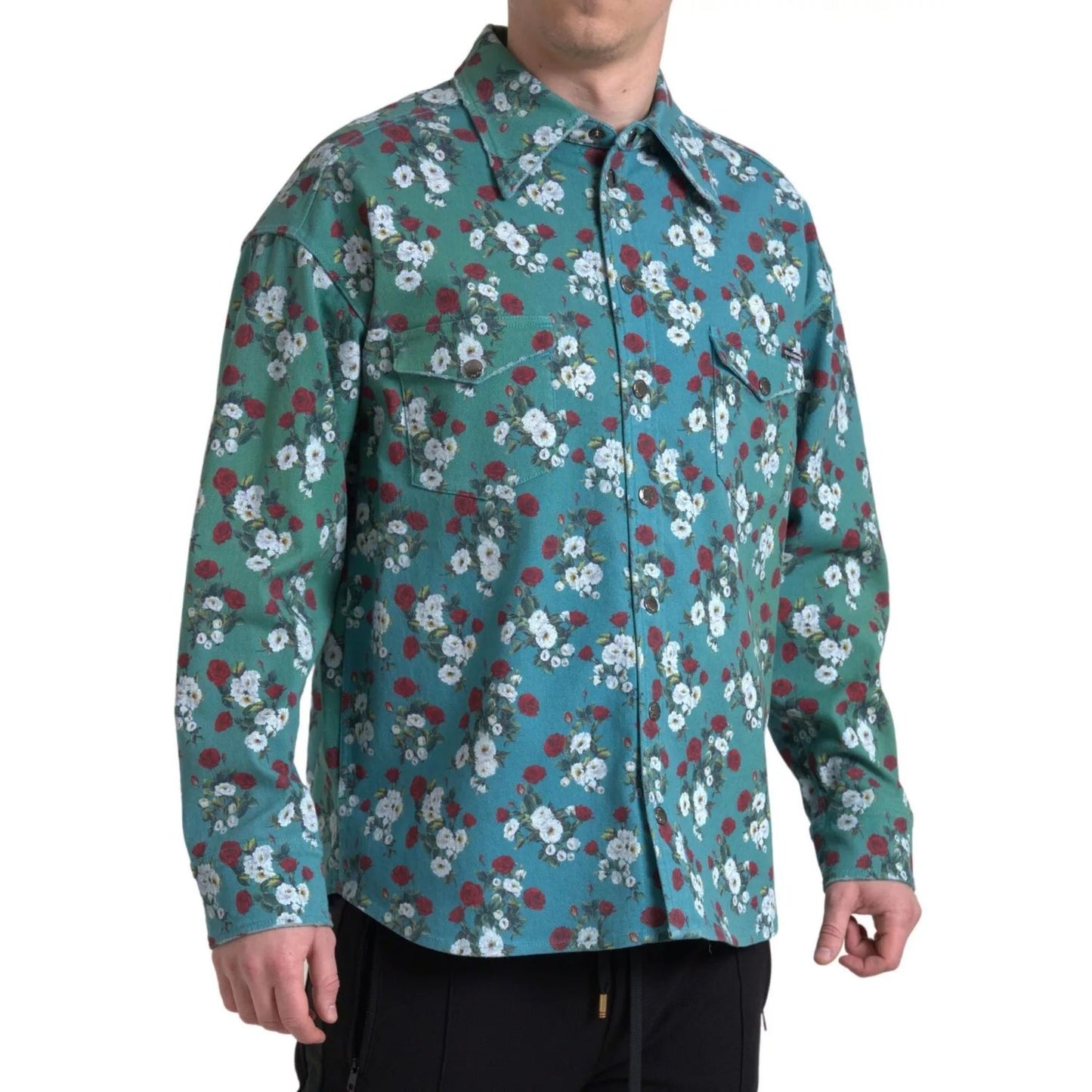 Dolce & Gabbana Blue Floral Cotton Button Down Denim Shirt