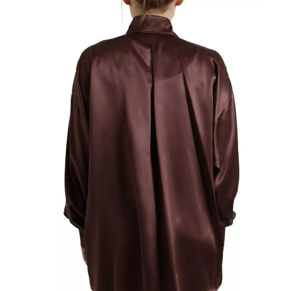 Dolce & Gabbana Brown Silk Collared Long Sleeves Top Blouse