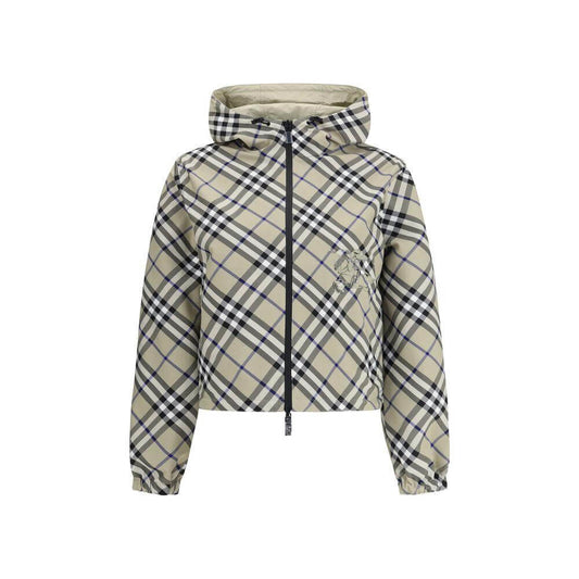 Burberry reversible jacket featuring a Check Archivio pattern with adjustable drawstring hood, zipper closure, and elasticized cuffs.