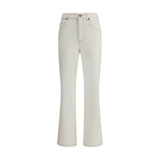 Tory Burch cropped flare jeans with classic five-pocket style and button closure, elegant and comfortable for casual occasions.