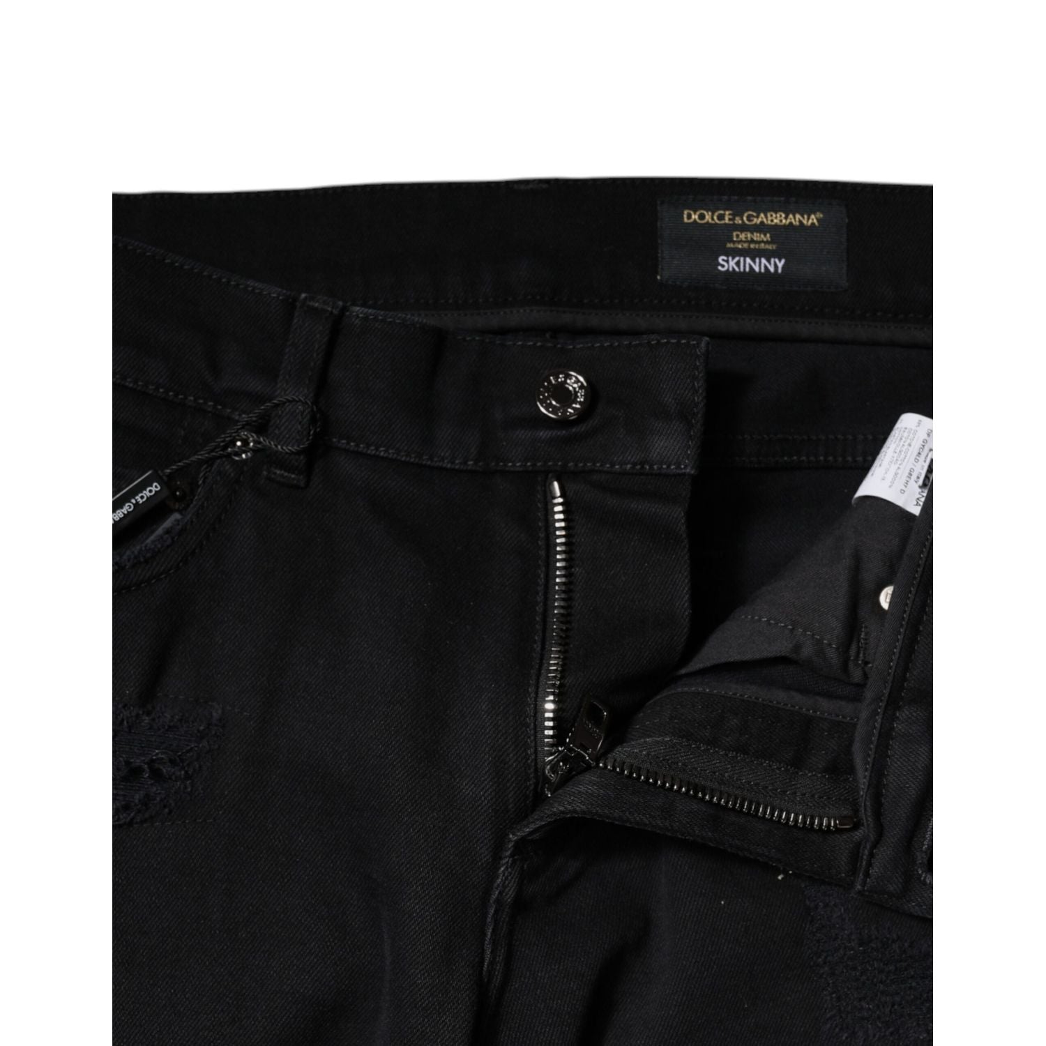 Dolce & Gabbana Black Cotton Tattered Skinny Denim Logo Jeans