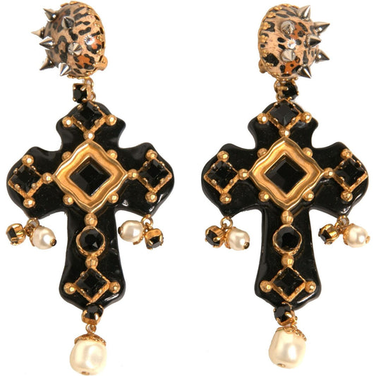 Dolce & Gabbana Black Crystal Cross Crystal Embellished Gold Clip On Earrings