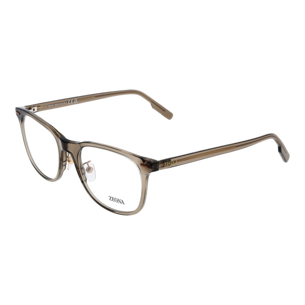Ermenegildo Zegna Brown Men Glasses Frame in acetate with full-rim, round style and demo lenses, includes branded case, no spring hinge.