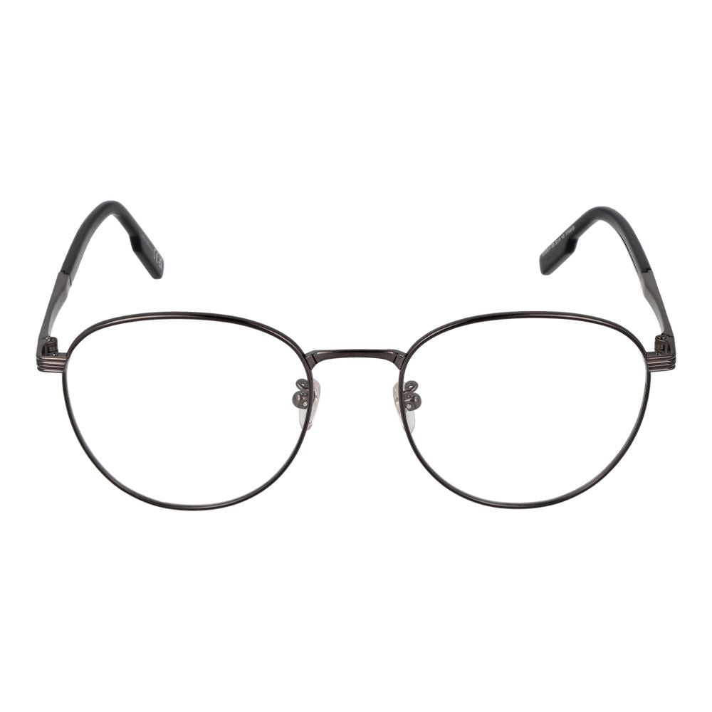 Ermenegildo Zegna Gray Men Glasses Frame, full-rim titanium in gunmetal, round style, 52-19-145 dimensions, includes branded case.