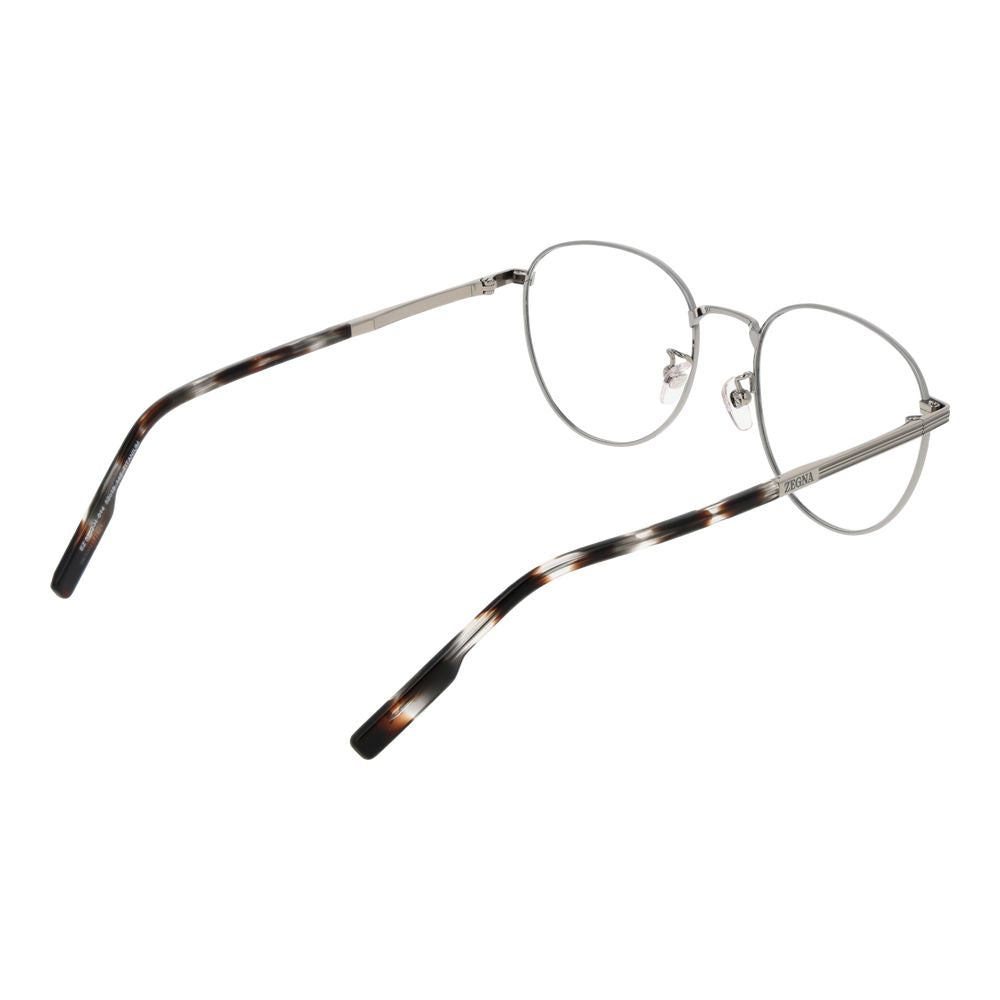 Ermenegildo Zegna Gray Men Glasses Frame in gunmetal, full-rim titanium, demo lenses, round style, size 52-19-145.