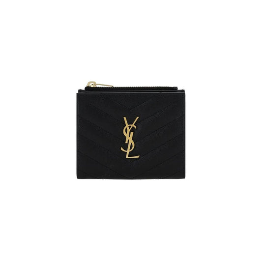 Saint Laurent calfskin wallet with matelassé design, gold monogram, snap closure, and zippered slot pocket, ideal for style and function.