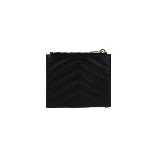Saint Laurent calfskin wallet with matelassé design, embossed monogram, snap-button closure, card slot, bill compartment, and zippered pocket.