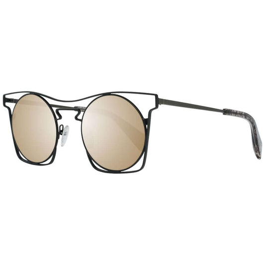 Yohji Yamamoto black round metal sunglasses with mirrored grey lenses, full-rim design, and 100% UVA & UVB protection for men.