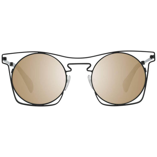 Yohji Yamamoto black round sunglasses with mirrored grey lenses, metal frame, and full-rim style, offering 100% UVA & UVB protection.