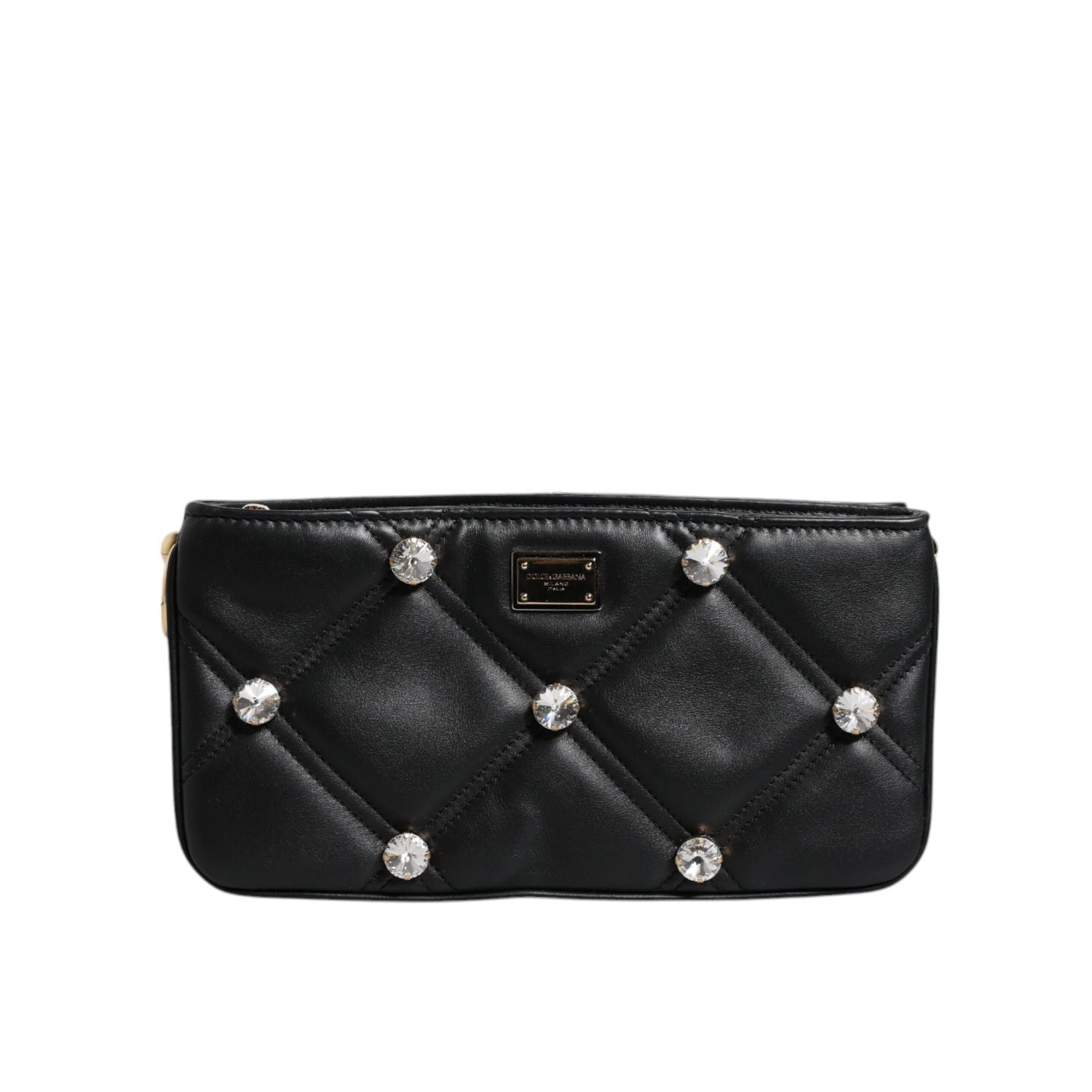 Dolce & Gabbana Black Leather Crystal Embellished Logo Shoulder Bag