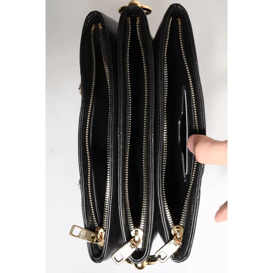 Dolce & Gabbana Black Leather Crystal Embellished Logo Shoulder Bag