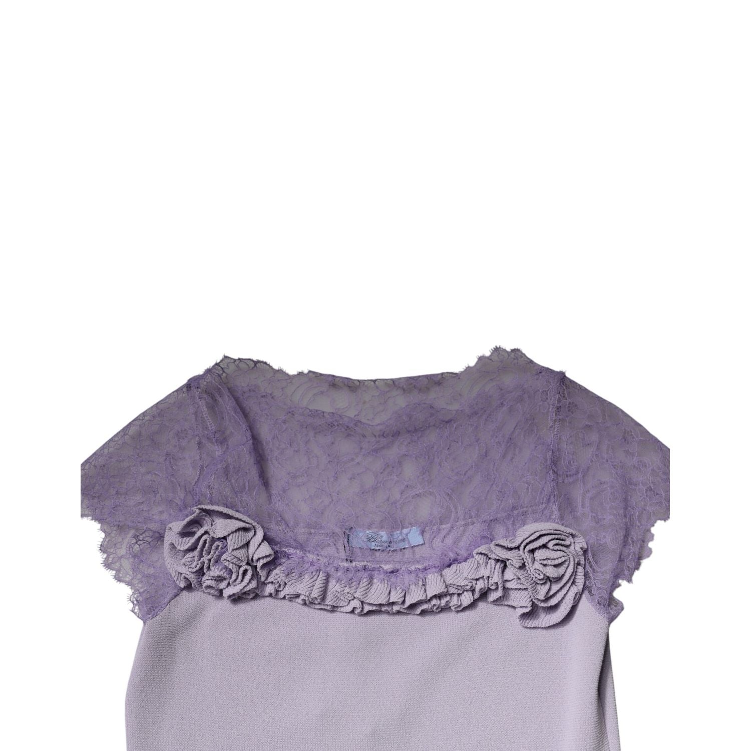 Blumarine Purple Short Sleeves Floral Lace Trim A-line Midi Dress