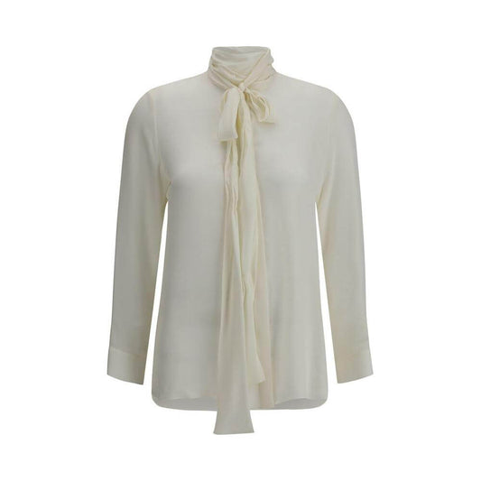 Khaite Tash Silk Shirt with self-tie sash collar, semi-sheer design, concealed button closure, and adjustable cuffs for elegant style.
